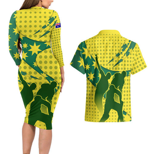 Australia Cricket Couples Matching Long Sleeve Bodycon Dress and Hawaiian Shirt Golden Southern Cross Stars Halftone Pattern Design