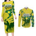 Australia Cricket Couples Matching Long Sleeve Bodycon Dress and Long Sleeve Button Shirt Golden Southern Cross Stars Halftone Pattern Design