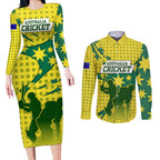 Australia Cricket Couples Matching Long Sleeve Bodycon Dress and Long Sleeve Button Shirt Golden Southern Cross Stars Halftone Pattern Design