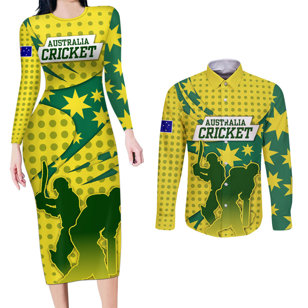 Australia Cricket Couples Matching Long Sleeve Bodycon Dress and Long Sleeve Button Shirt Golden Southern Cross Stars Halftone Pattern Design