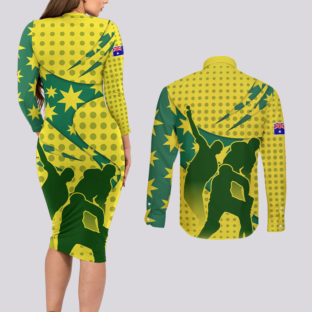 Australia Cricket Couples Matching Long Sleeve Bodycon Dress and Long Sleeve Button Shirt Golden Southern Cross Stars Halftone Pattern Design