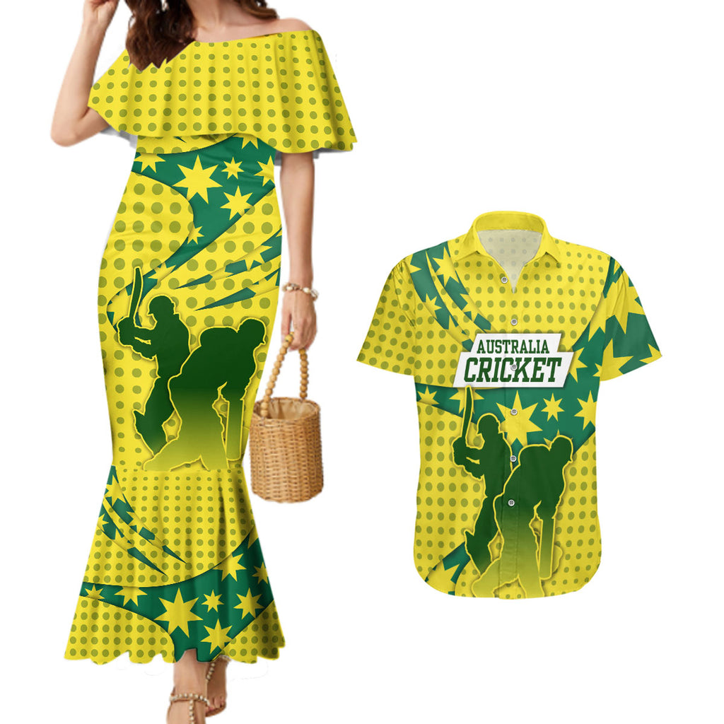 Australia Cricket Couples Matching Mermaid Dress and Hawaiian Shirt Golden Southern Cross Stars Halftone Pattern Design