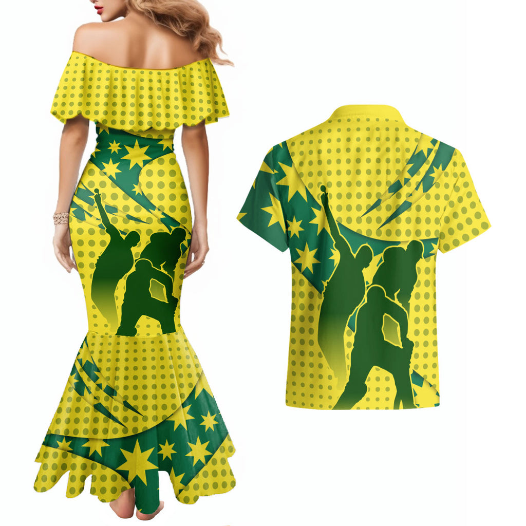 Australia Cricket Couples Matching Mermaid Dress and Hawaiian Shirt Golden Southern Cross Stars Halftone Pattern Design
