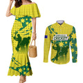 Australia Cricket Couples Matching Mermaid Dress and Long Sleeve Button Shirt Golden Southern Cross Stars Halftone Pattern Design