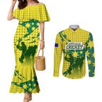 Australia Cricket Couples Matching Mermaid Dress and Long Sleeve Button Shirt Golden Southern Cross Stars Halftone Pattern Design