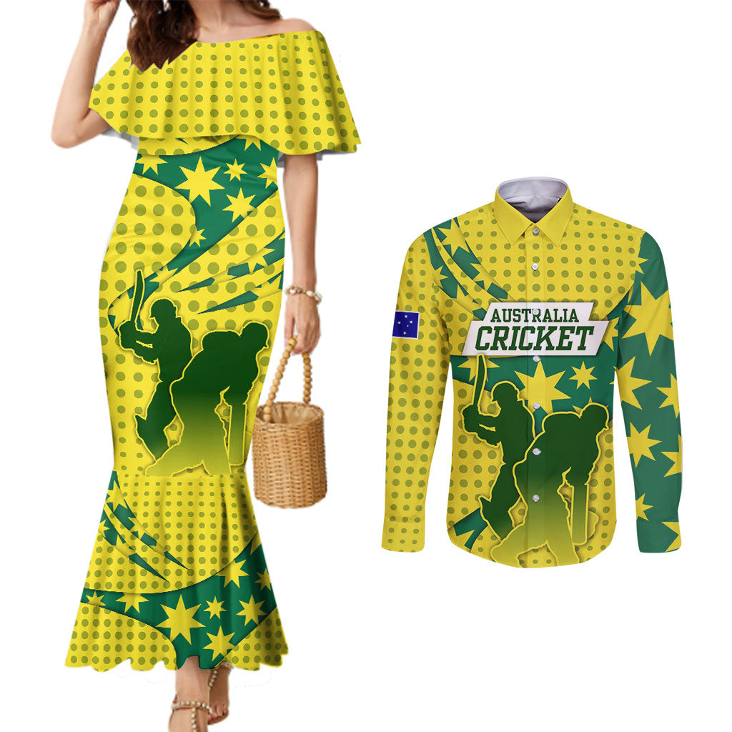 Australia Cricket Couples Matching Mermaid Dress and Long Sleeve Button Shirt Golden Southern Cross Stars Halftone Pattern Design