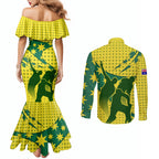 Australia Cricket Couples Matching Mermaid Dress and Long Sleeve Button Shirt Golden Southern Cross Stars Halftone Pattern Design