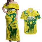 Australia Cricket Couples Matching Off Shoulder Maxi Dress and Hawaiian Shirt Golden Southern Cross Stars Halftone Pattern Design