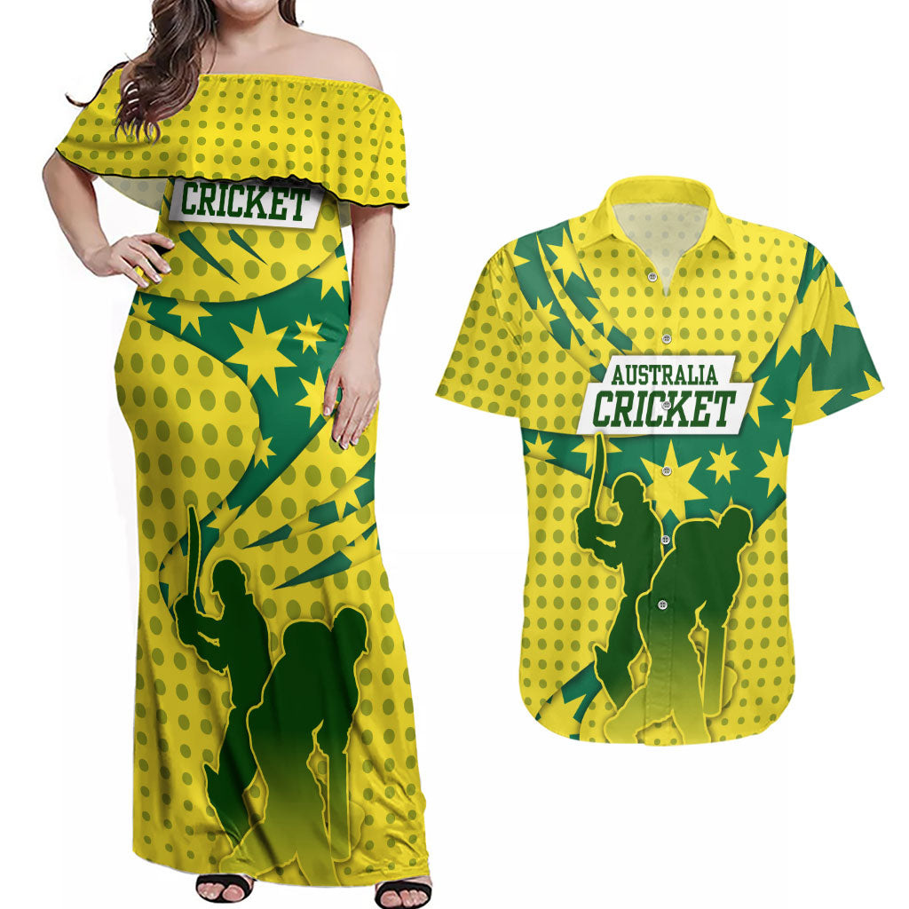 Australia Cricket Couples Matching Off Shoulder Maxi Dress and Hawaiian Shirt Golden Southern Cross Stars Halftone Pattern Design