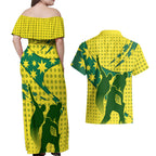 Australia Cricket Couples Matching Off Shoulder Maxi Dress and Hawaiian Shirt Golden Southern Cross Stars Halftone Pattern Design