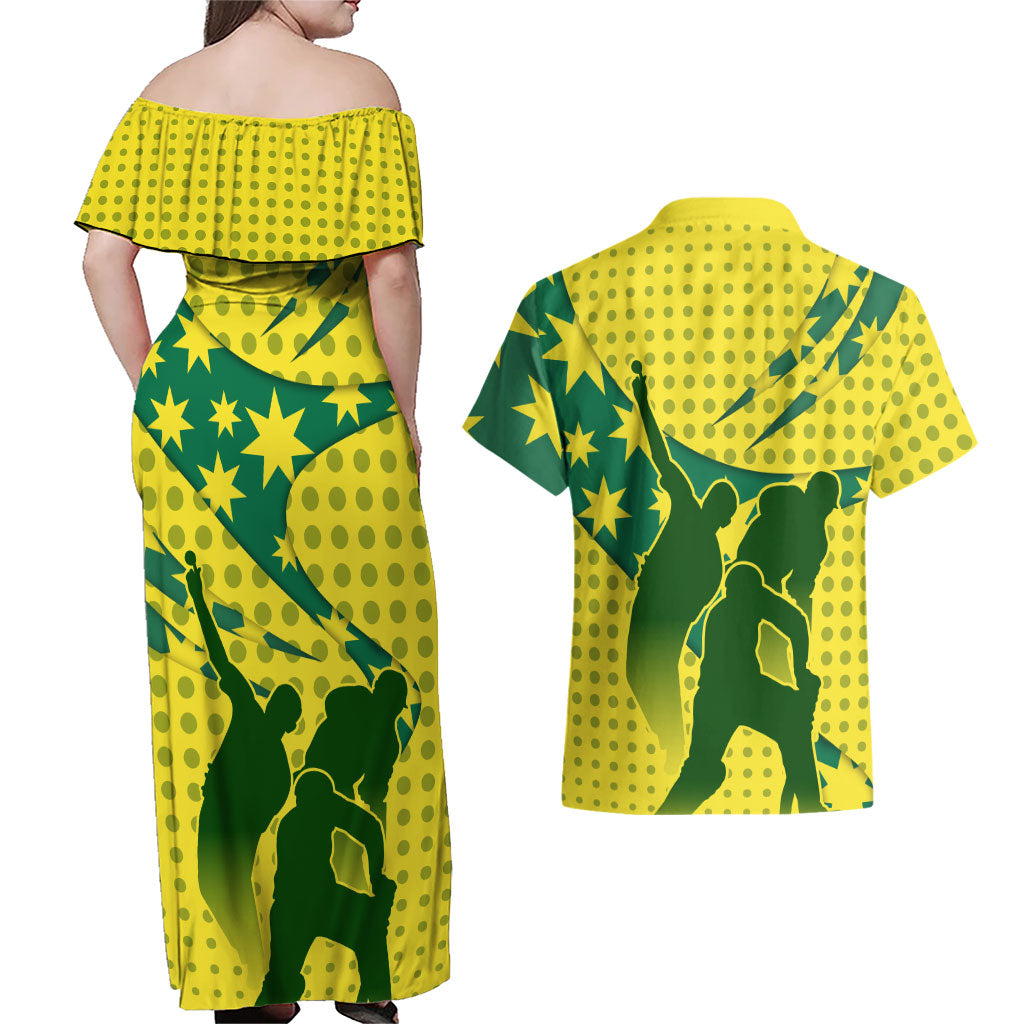 Australia Cricket Couples Matching Off Shoulder Maxi Dress and Hawaiian Shirt Golden Southern Cross Stars Halftone Pattern Design