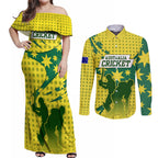 Australia Cricket Couples Matching Off Shoulder Maxi Dress and Long Sleeve Button Shirt Golden Southern Cross Stars Halftone Pattern Design