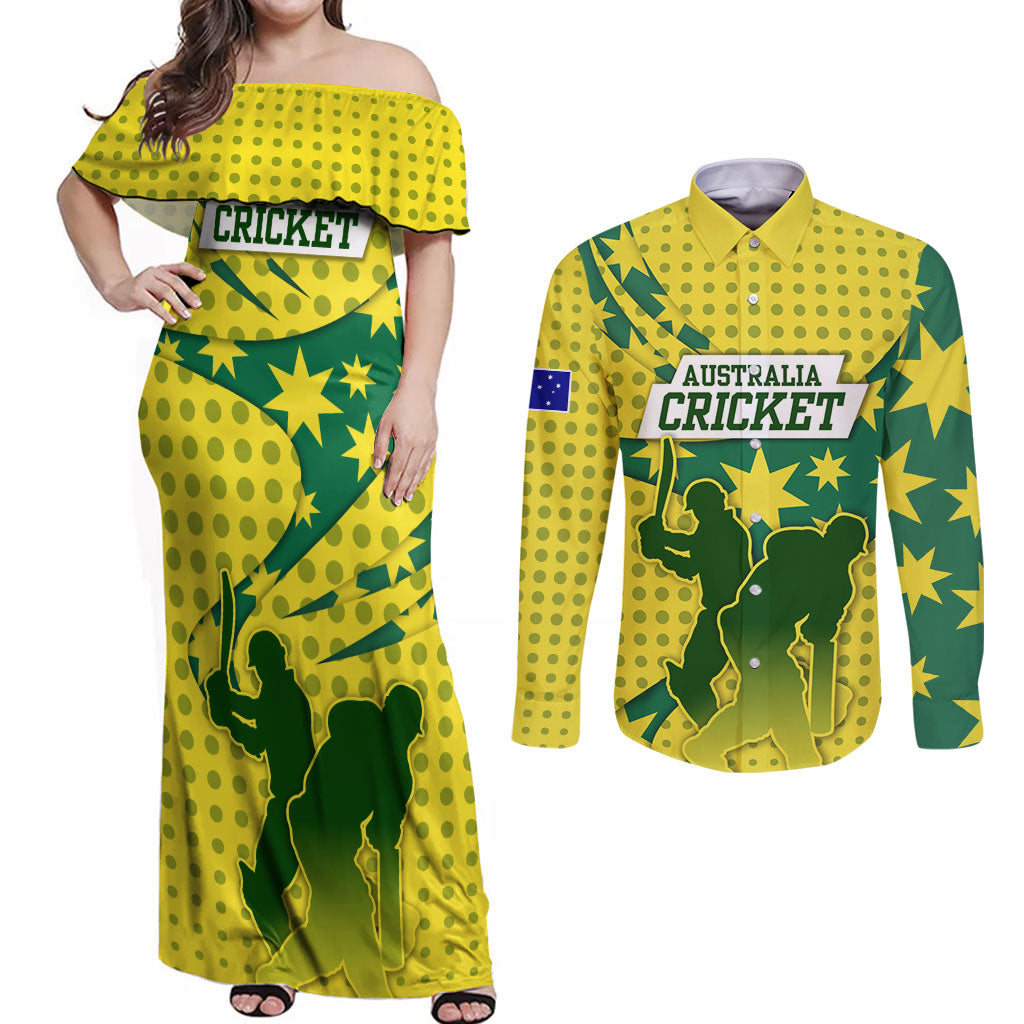Australia Cricket Couples Matching Off Shoulder Maxi Dress and Long Sleeve Button Shirt Golden Southern Cross Stars Halftone Pattern Design