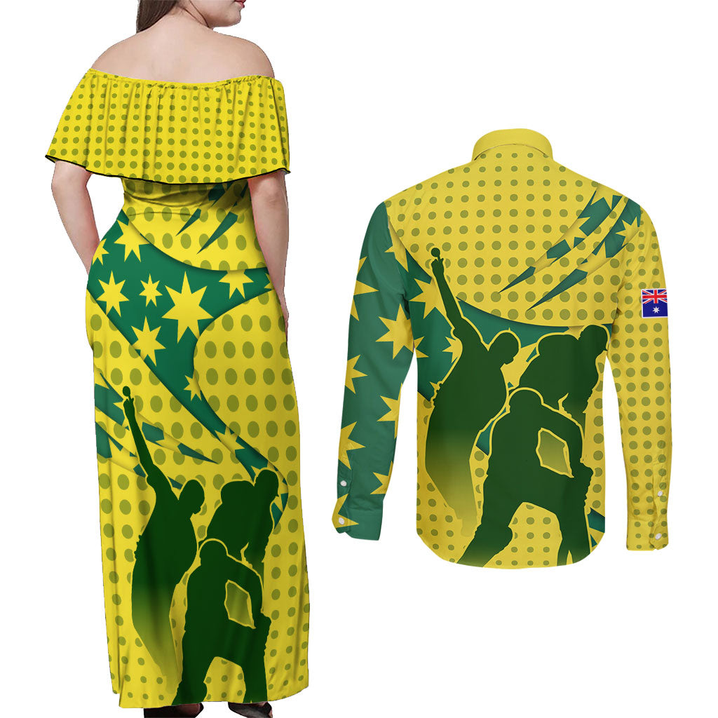 Australia Cricket Couples Matching Off Shoulder Maxi Dress and Long Sleeve Button Shirt Golden Southern Cross Stars Halftone Pattern Design