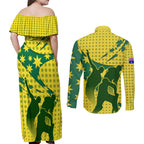 Australia Cricket Couples Matching Off Shoulder Maxi Dress and Long Sleeve Button Shirt Golden Southern Cross Stars Halftone Pattern Design