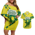 Australia Cricket Couples Matching Off Shoulder Short Dress and Hawaiian Shirt Golden Southern Cross Stars Halftone Pattern Design