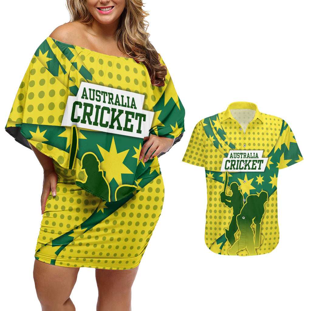 Australia Cricket Couples Matching Off Shoulder Short Dress and Hawaiian Shirt Golden Southern Cross Stars Halftone Pattern Design