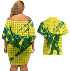 Australia Cricket Couples Matching Off Shoulder Short Dress and Hawaiian Shirt Golden Southern Cross Stars Halftone Pattern Design