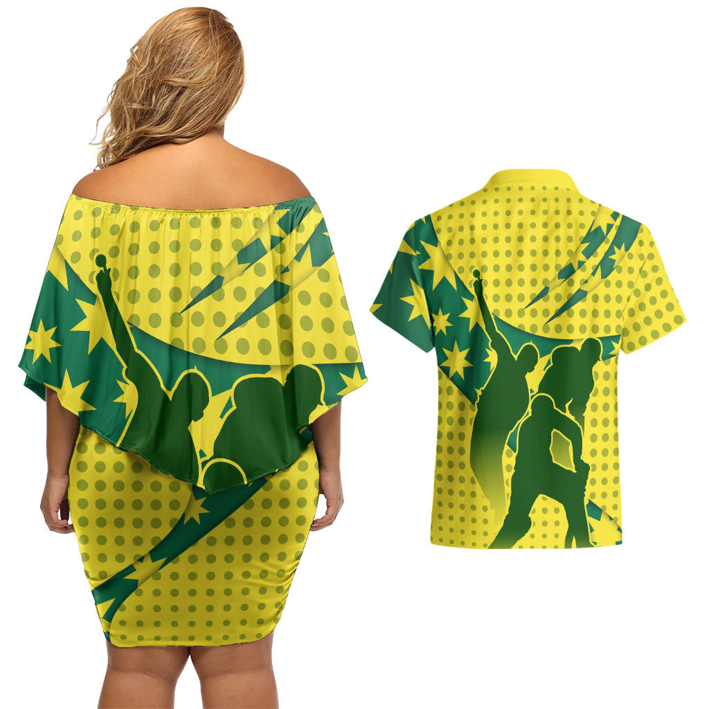 Australia Cricket Couples Matching Off Shoulder Short Dress and Hawaiian Shirt Golden Southern Cross Stars Halftone Pattern Design