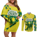 Australia Cricket Couples Matching Off Shoulder Short Dress and Long Sleeve Button Shirt Golden Southern Cross Stars Halftone Pattern Design