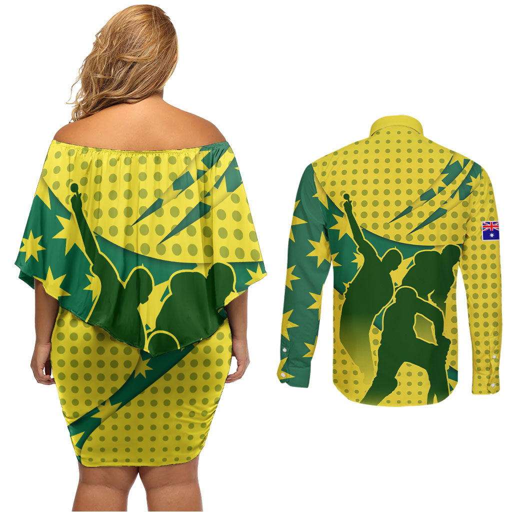 Australia Cricket Couples Matching Off Shoulder Short Dress and Long Sleeve Button Shirt Golden Southern Cross Stars Halftone Pattern Design