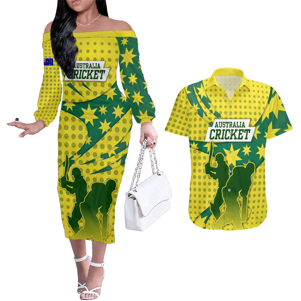 Australia Cricket Couples Matching Off The Shoulder Long Sleeve Dress and Hawaiian Shirt Golden Southern Cross Stars Halftone Pattern Design