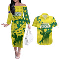 Australia Cricket Couples Matching Off The Shoulder Long Sleeve Dress and Hawaiian Shirt Golden Southern Cross Stars Halftone Pattern Design