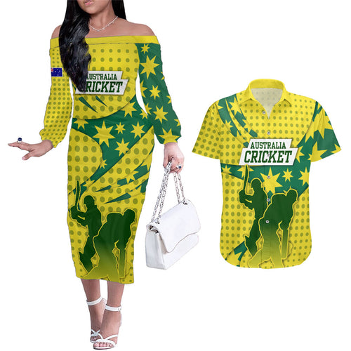 Australia Cricket Couples Matching Off The Shoulder Long Sleeve Dress and Hawaiian Shirt Golden Southern Cross Stars Halftone Pattern Design