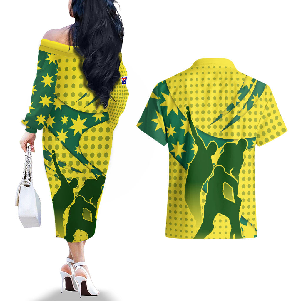 Australia Cricket Couples Matching Off The Shoulder Long Sleeve Dress and Hawaiian Shirt Golden Southern Cross Stars Halftone Pattern Design