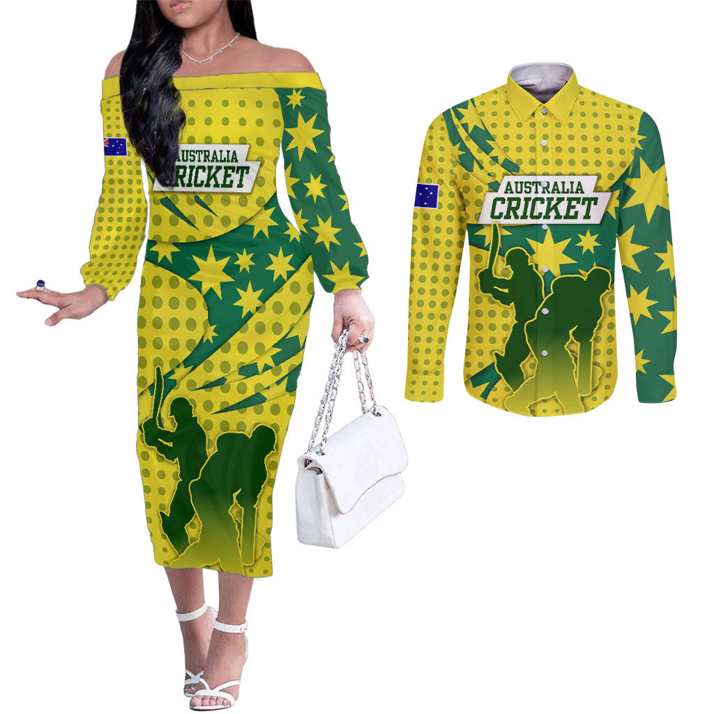 Australia Cricket Couples Matching Off The Shoulder Long Sleeve Dress and Long Sleeve Button Shirt Golden Southern Cross Stars Halftone Pattern Design