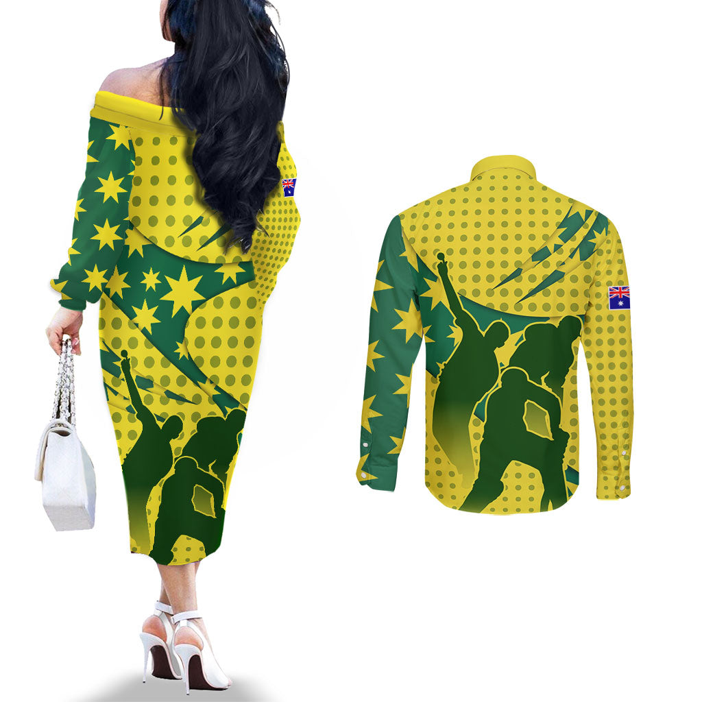 Australia Cricket Couples Matching Off The Shoulder Long Sleeve Dress and Long Sleeve Button Shirt Golden Southern Cross Stars Halftone Pattern Design