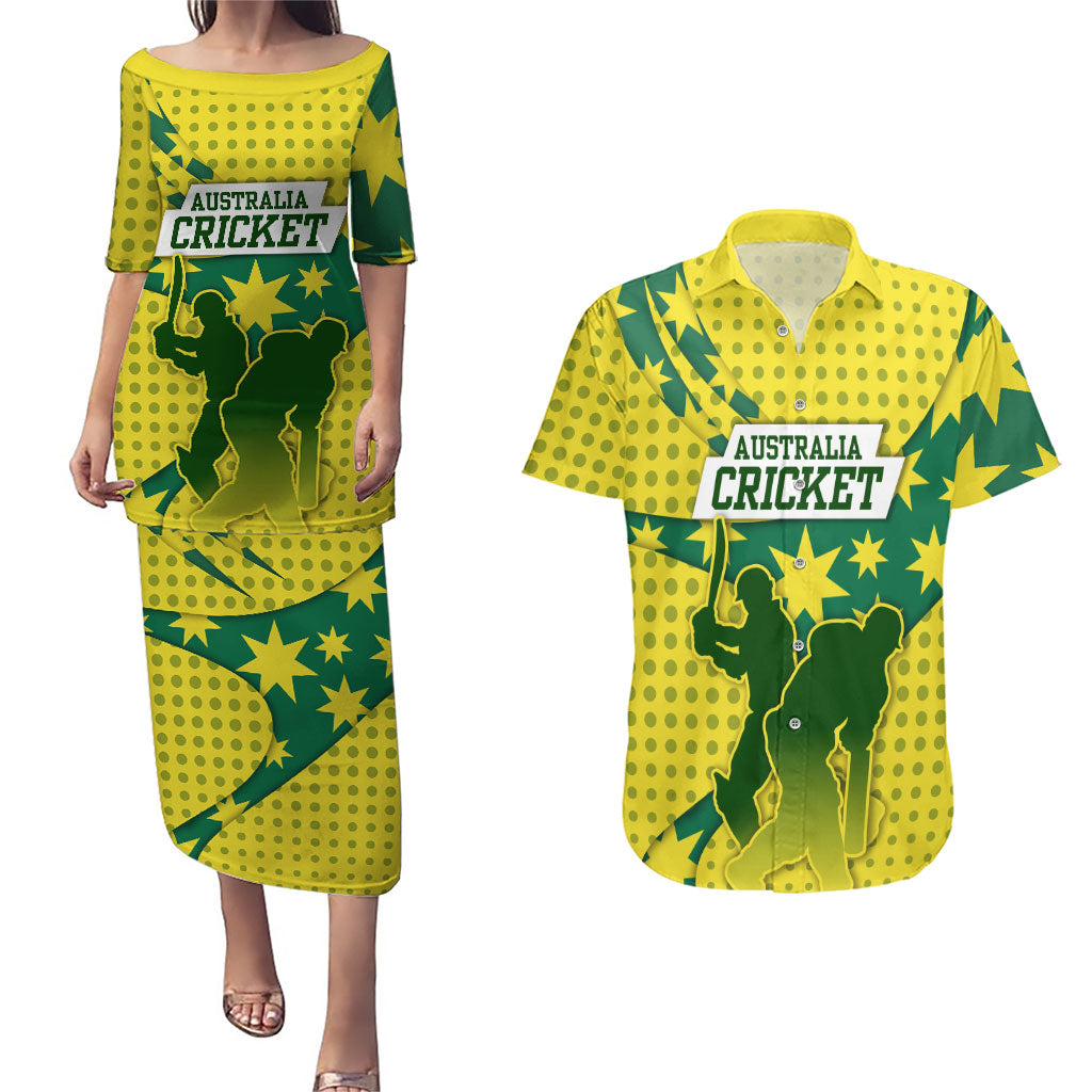 Australia Cricket Couples Matching Puletasi and Hawaiian Shirt Golden Southern Cross Stars Halftone Pattern Design