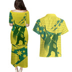 Australia Cricket Couples Matching Puletasi and Hawaiian Shirt Golden Southern Cross Stars Halftone Pattern Design