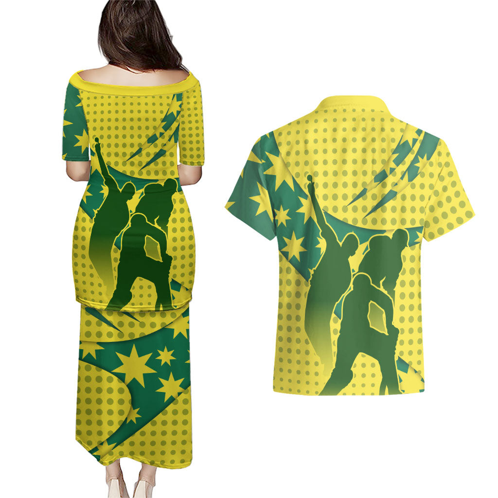 Australia Cricket Couples Matching Puletasi and Hawaiian Shirt Golden Southern Cross Stars Halftone Pattern Design