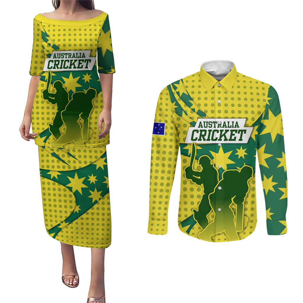 Australia Cricket Couples Matching Puletasi and Long Sleeve Button Shirt Golden Southern Cross Stars Halftone Pattern Design