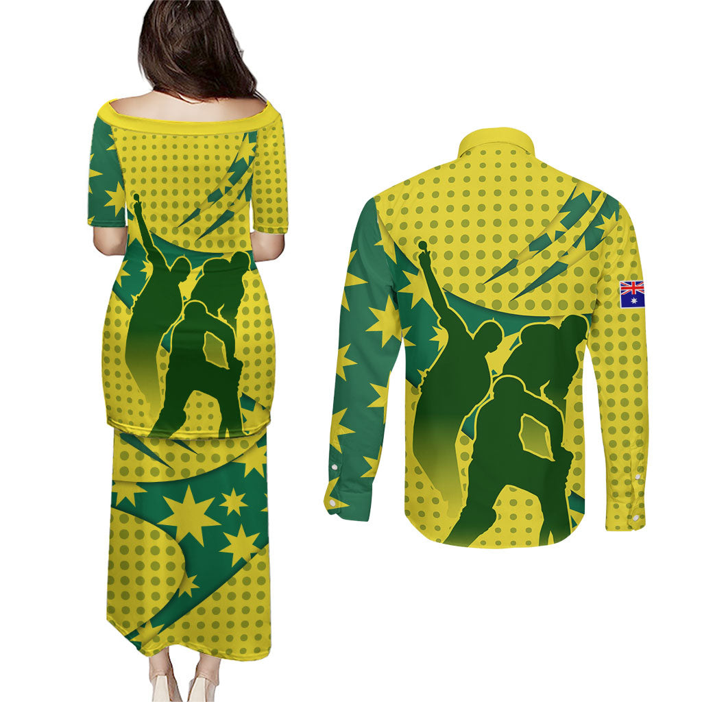Australia Cricket Couples Matching Puletasi and Long Sleeve Button Shirt Golden Southern Cross Stars Halftone Pattern Design