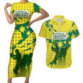 Australia Cricket Couples Matching Short Sleeve Bodycon Dress and Hawaiian Shirt Golden Southern Cross Stars Halftone Pattern Design