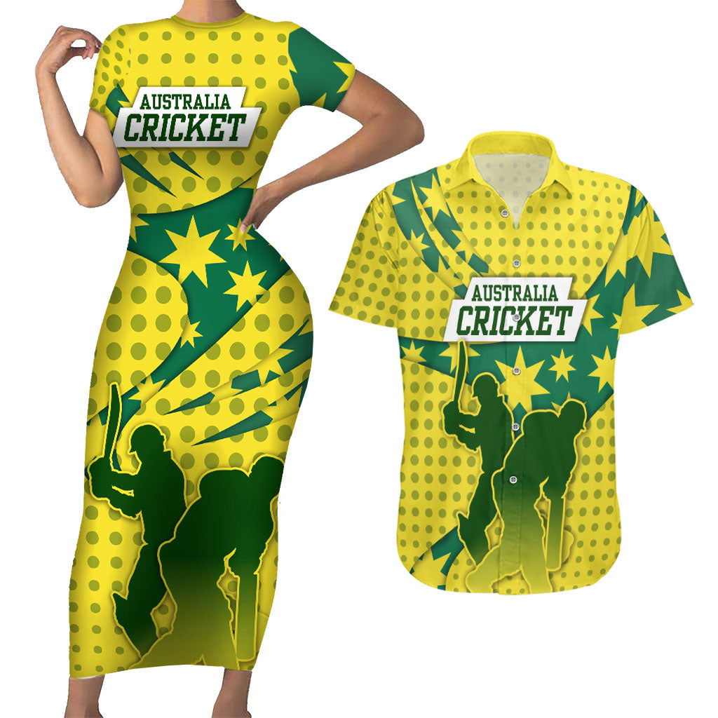 Australia Cricket Couples Matching Short Sleeve Bodycon Dress and Hawaiian Shirt Golden Southern Cross Stars Halftone Pattern Design