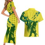 Australia Cricket Couples Matching Short Sleeve Bodycon Dress and Hawaiian Shirt Golden Southern Cross Stars Halftone Pattern Design