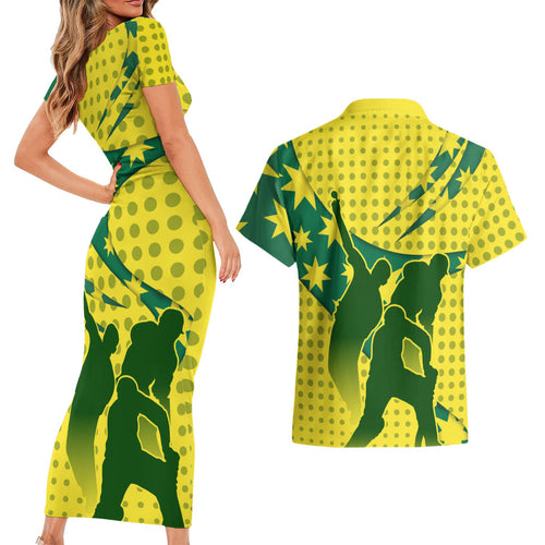 Australia Cricket Couples Matching Short Sleeve Bodycon Dress and Hawaiian Shirt Golden Southern Cross Stars Halftone Pattern Design