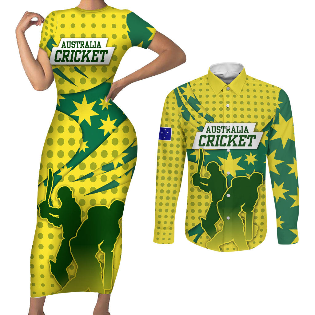 Australia Cricket Couples Matching Short Sleeve Bodycon Dress and Long Sleeve Button Shirt Golden Southern Cross Stars Halftone Pattern Design