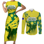 Australia Cricket Couples Matching Short Sleeve Bodycon Dress and Long Sleeve Button Shirt Golden Southern Cross Stars Halftone Pattern Design
