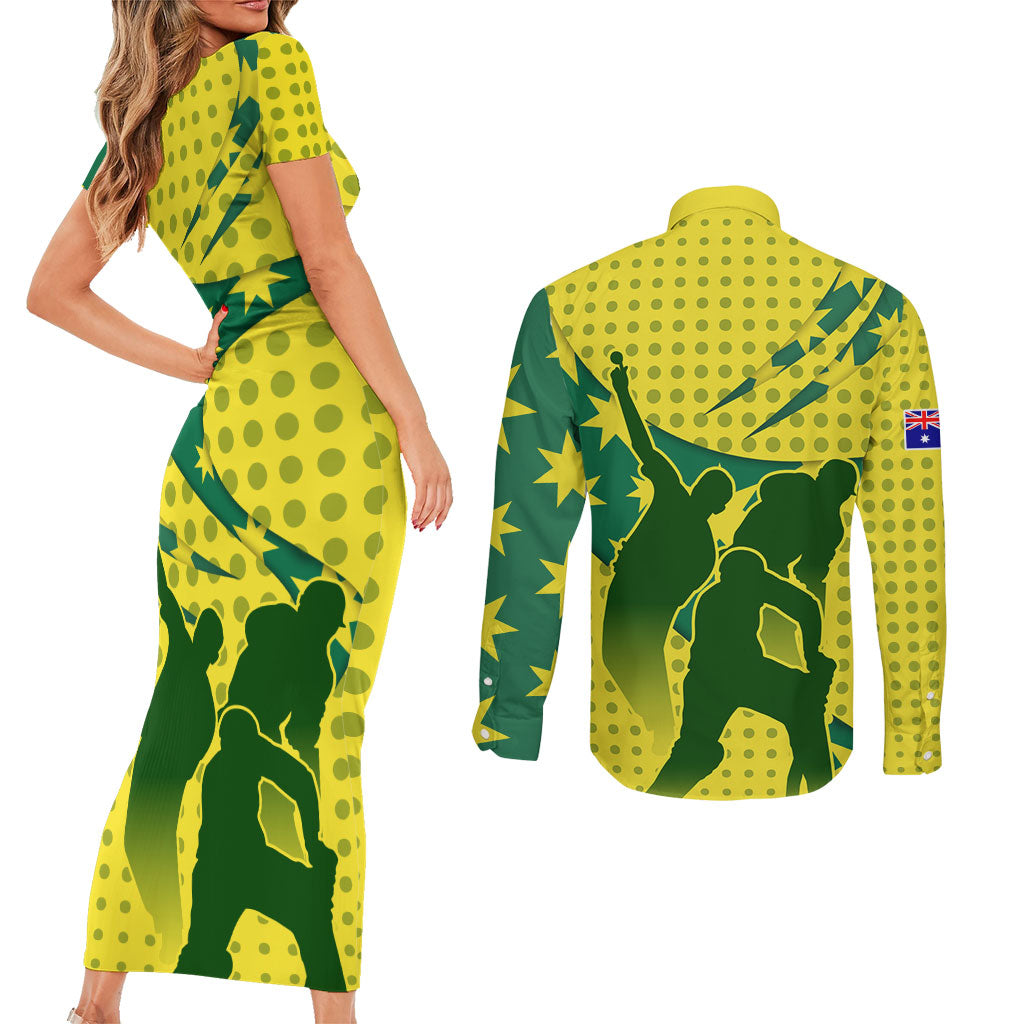 Australia Cricket Couples Matching Short Sleeve Bodycon Dress and Long Sleeve Button Shirt Golden Southern Cross Stars Halftone Pattern Design