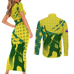 Australia Cricket Couples Matching Short Sleeve Bodycon Dress and Long Sleeve Button Shirt Golden Southern Cross Stars Halftone Pattern Design