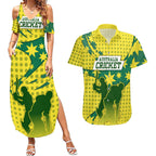 Australia Cricket Couples Matching Summer Maxi Dress and Hawaiian Shirt Golden Southern Cross Stars Halftone Pattern Design