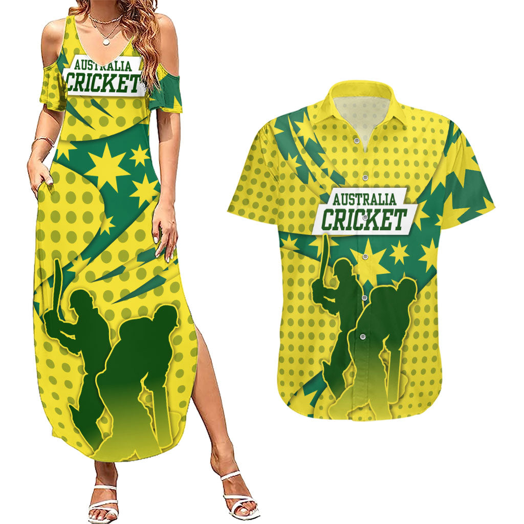 Australia Cricket Couples Matching Summer Maxi Dress and Hawaiian Shirt Golden Southern Cross Stars Halftone Pattern Design