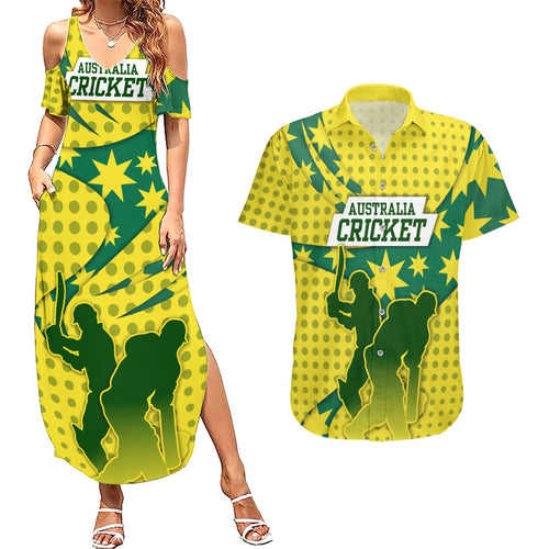 Australia Cricket Couples Matching Summer Maxi Dress and Hawaiian Shirt Golden Southern Cross Stars Halftone Pattern Design
