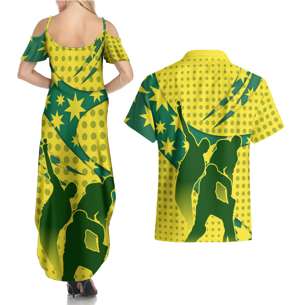 Australia Cricket Couples Matching Summer Maxi Dress and Hawaiian Shirt Golden Southern Cross Stars Halftone Pattern Design