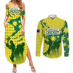 Australia Cricket Couples Matching Summer Maxi Dress and Long Sleeve Button Shirt Golden Southern Cross Stars Halftone Pattern Design