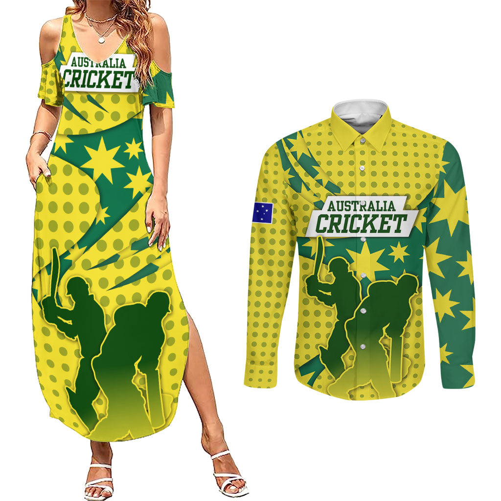 Australia Cricket Couples Matching Summer Maxi Dress and Long Sleeve Button Shirt Golden Southern Cross Stars Halftone Pattern Design